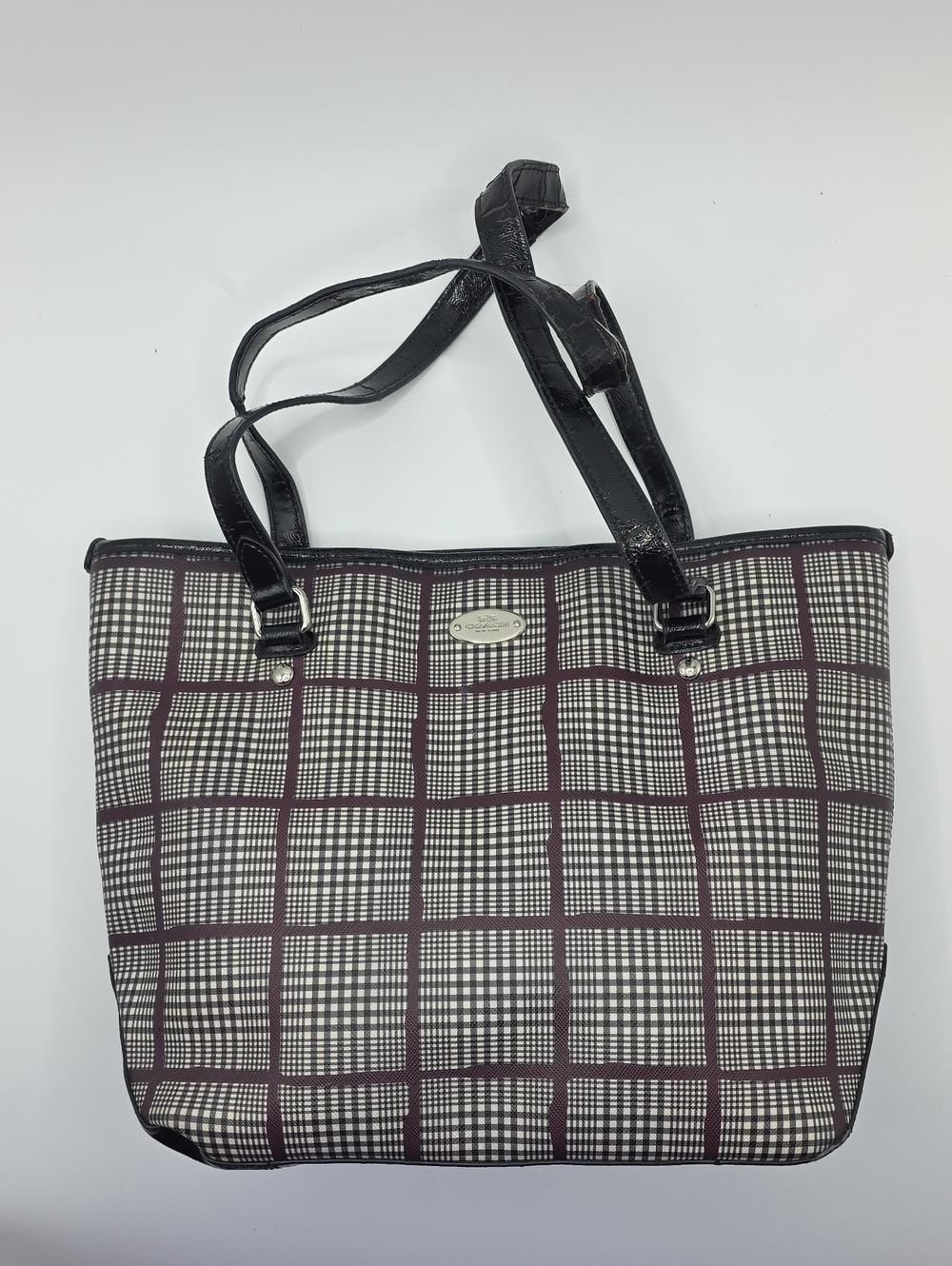 Coach Glen Plaid Black and Burgundy Plaid Tote
